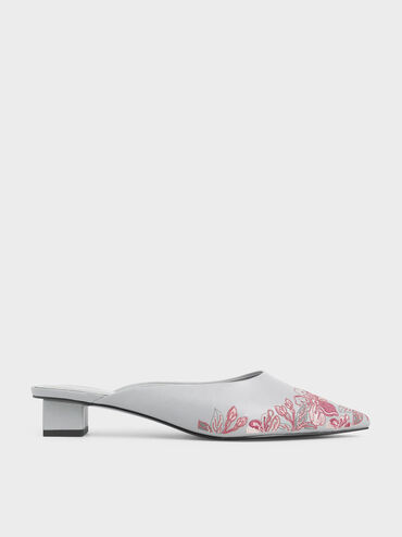 Embroidered Floral Mules, Grey, hi-res