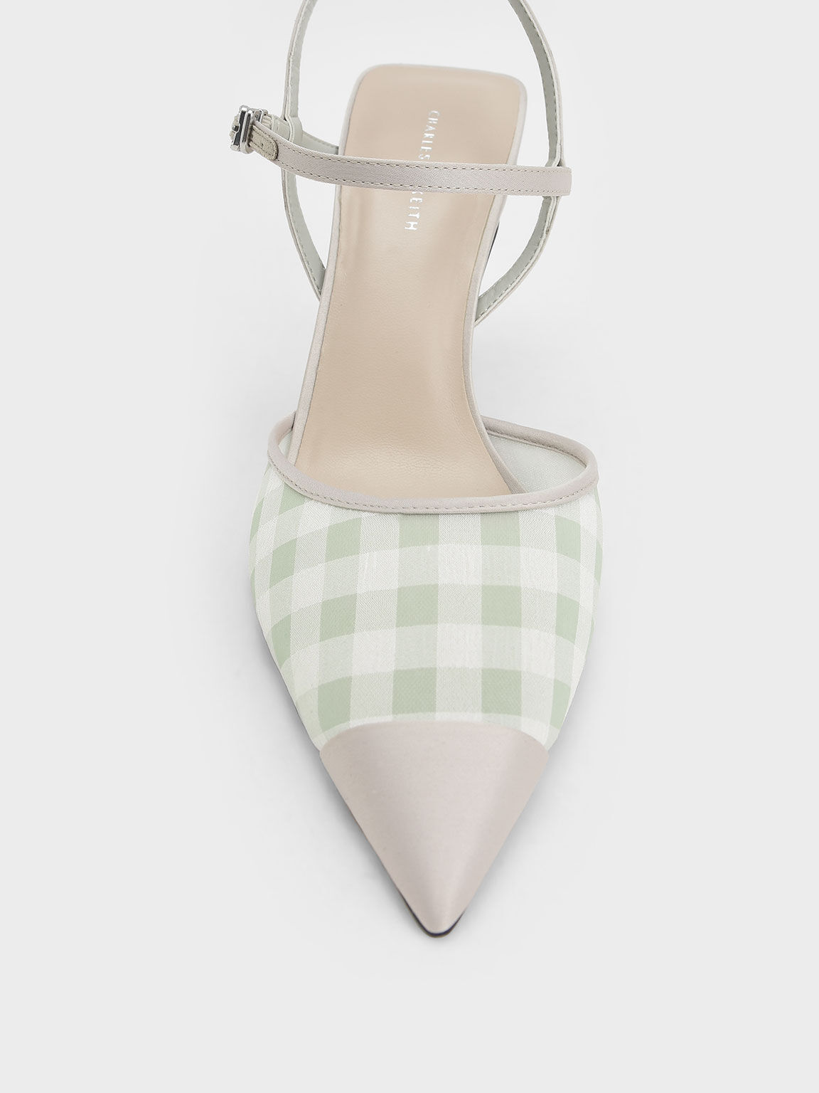 Satin & Check-Print Fabric Ankle-Strap Pumps, Light Green, hi-res