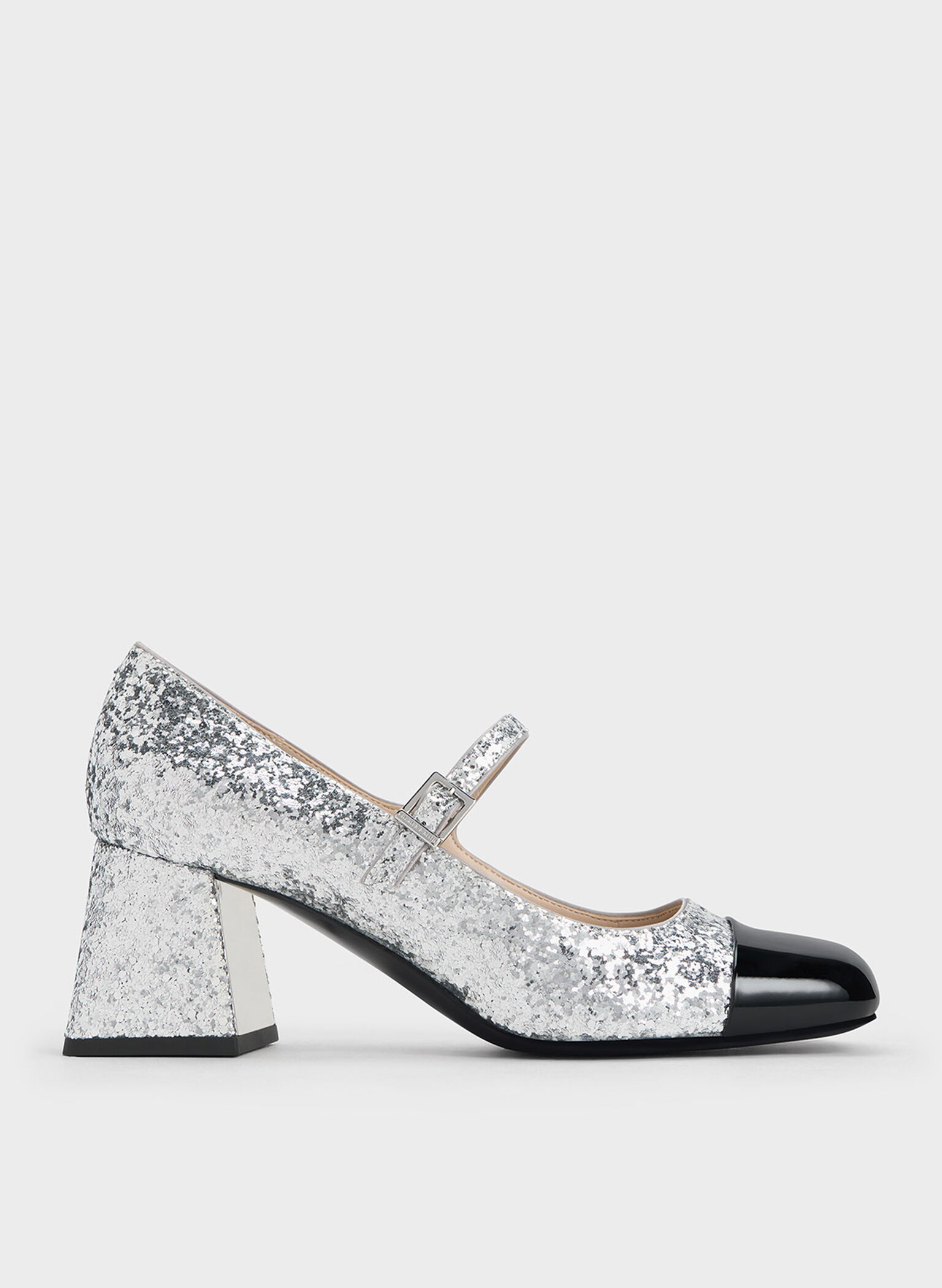 Charles & Keith - Women's Patent Glittered Trapeze-Heel Mary Janes, Silver, US 7