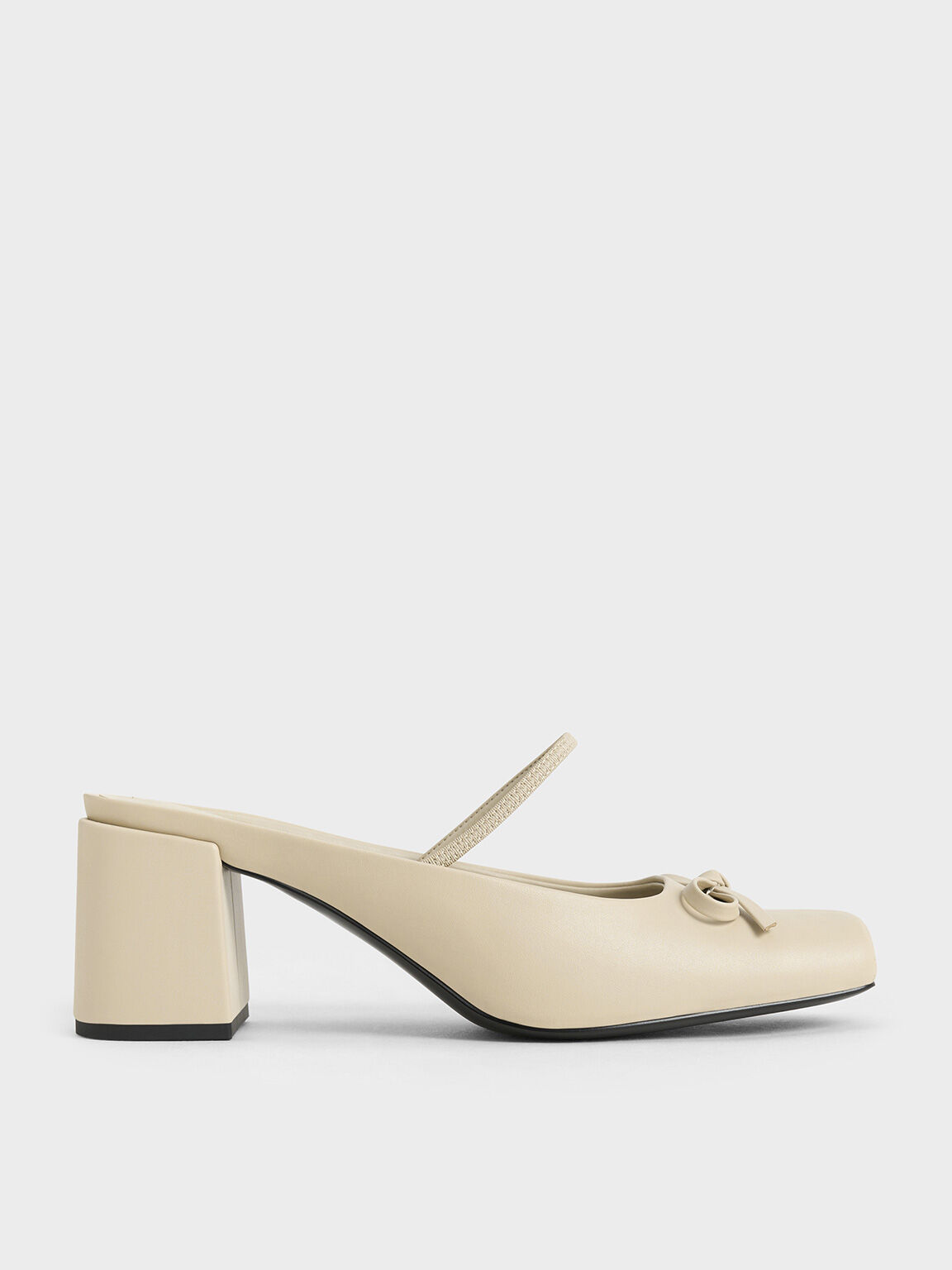 Bow Square Toe Block Heel Ballet Mules Beige