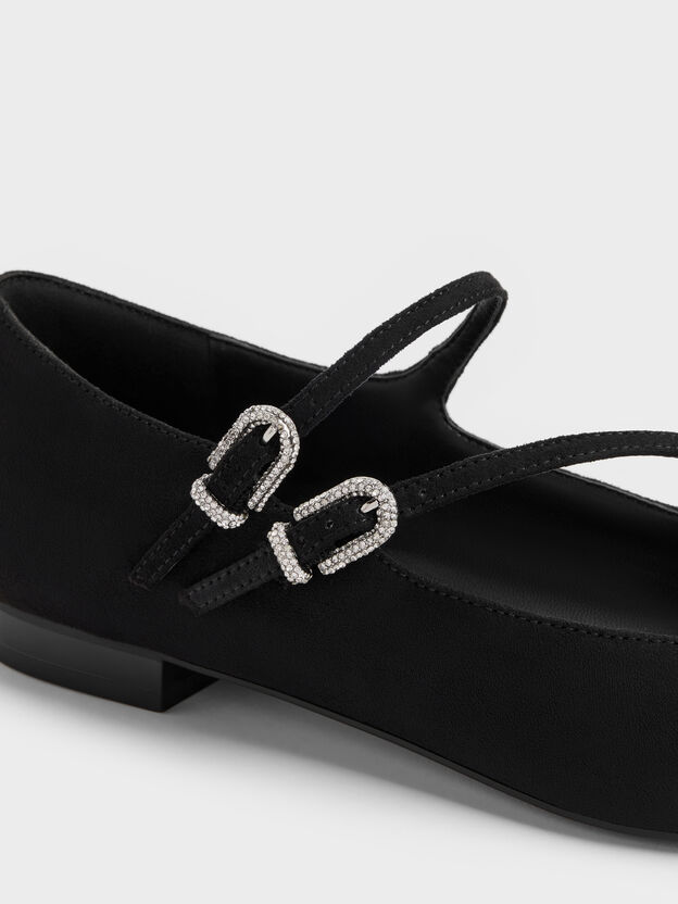 Zapatos Mary Jane de doble tira con hebilla de cristales en efecto ante, Negro texturizado, hi-res