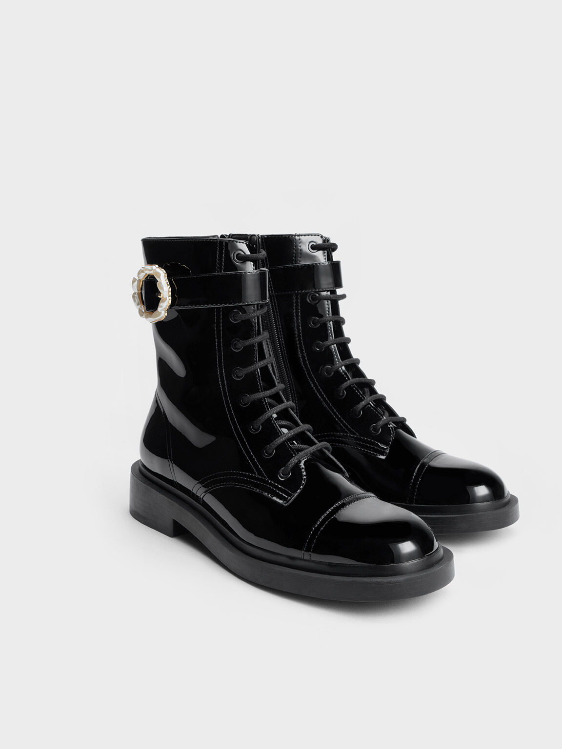 Patent Pearl Buckle Lace Up Ankle Boots Black Patent