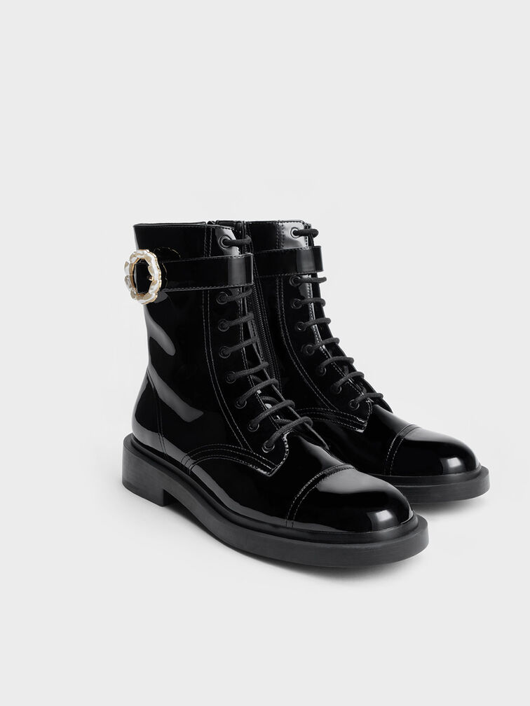 Black Patent Patent Pearl Buckle Lace-Up Ankle Boots - CHARLES & KEITH US