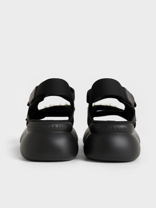 Beaded-Strap Sports Sandals, Black Textured, hi-res