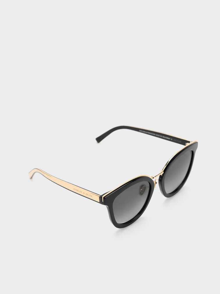 Recycled Acetate Metallic-Rim Cateye Sunglasses, Black, hi-res