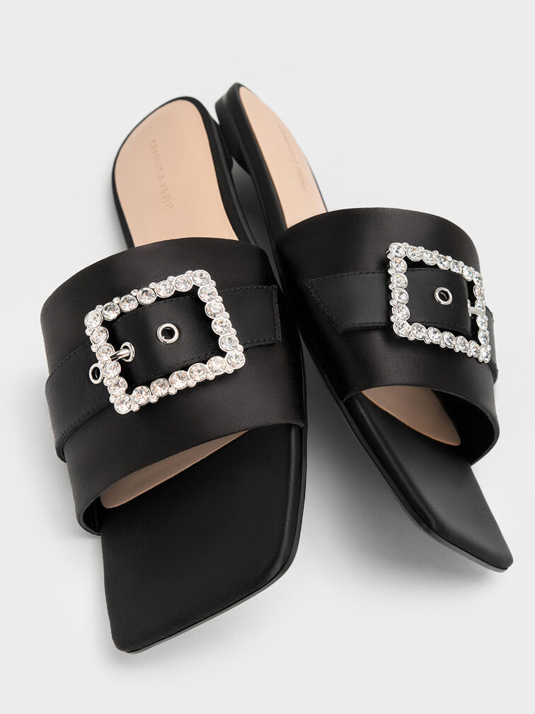 Satin Gem-Buckle Square-Toe Slide Sandals, Black Textured, hi-res