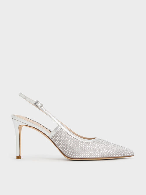 Satin Crystal-Embellished Slingback Pumps, Silver, hi-res