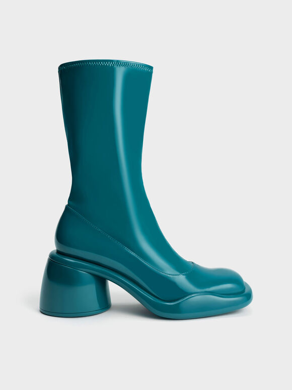 Lula Patent Chunky Heel Calf Boots, Turquoise, hi-res