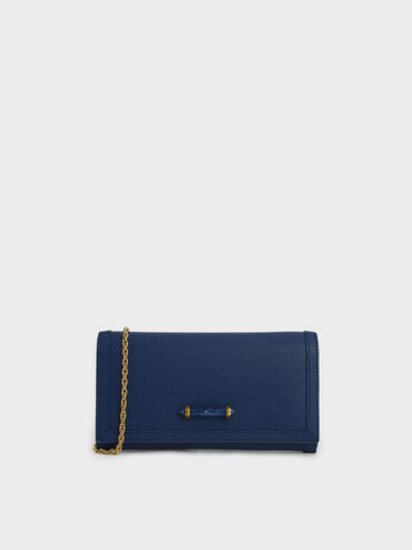 Stone-Embellished Front Flap Long Wallet, Dark Blue, hi-res