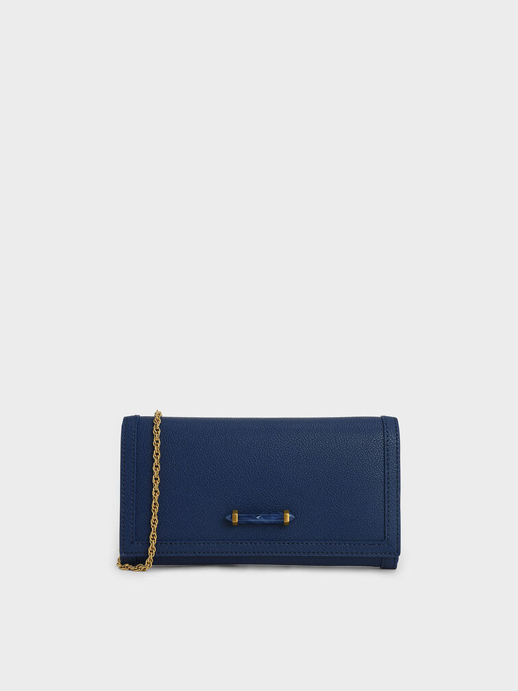 Stone-Embellished Front Flap Long Wallet, Dark Blue, hi-res
