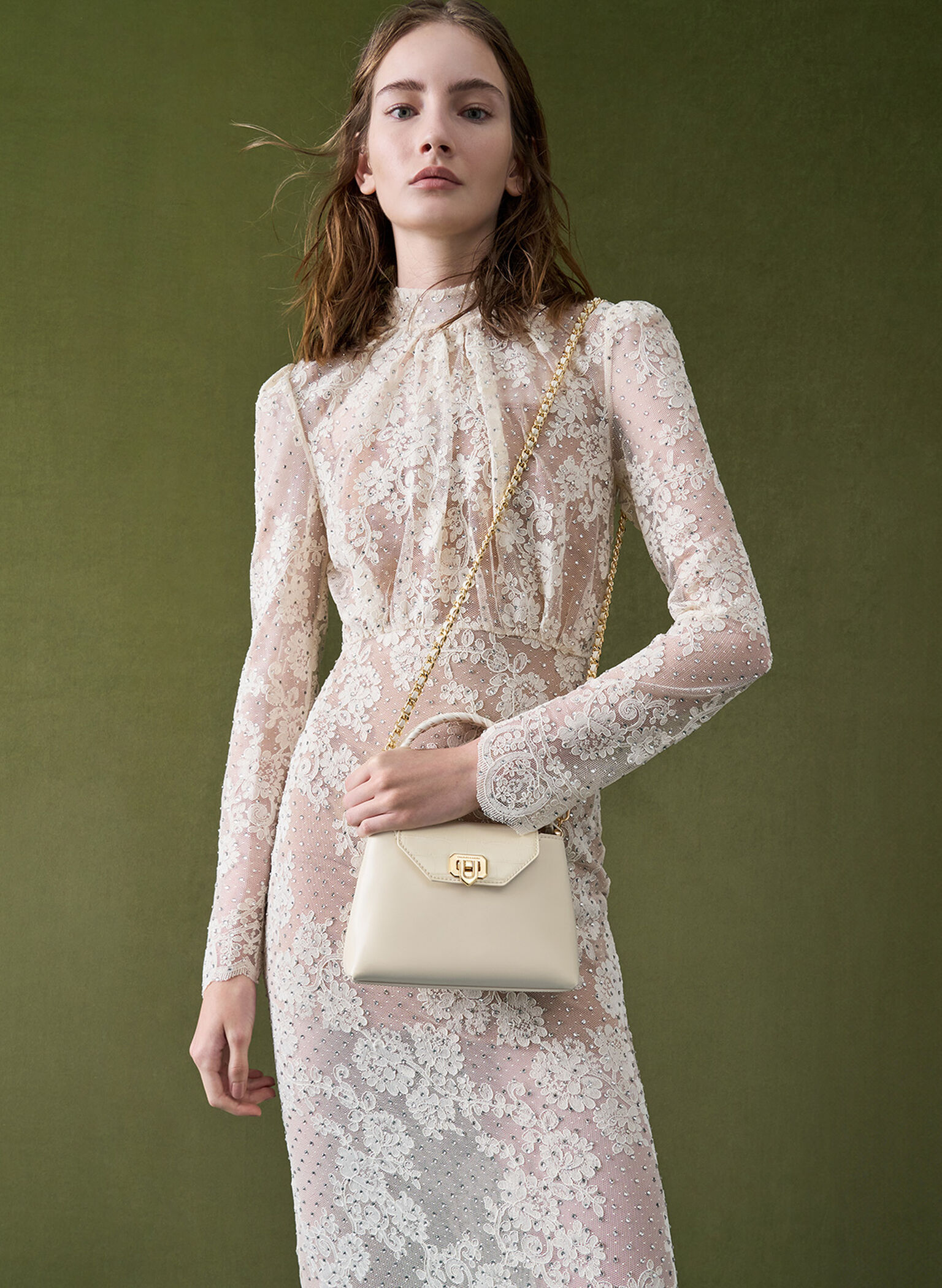 Bolso de asa superior Arwen de efecto cocodrilo con correa trenzada, Crema, hi-res