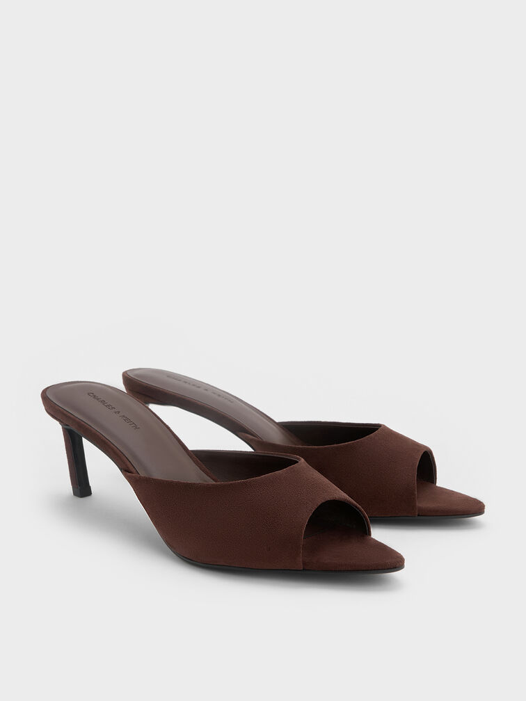 Faux Suede Pointed Peep-Toe Heeled Mules, Dark Brown, hi-res