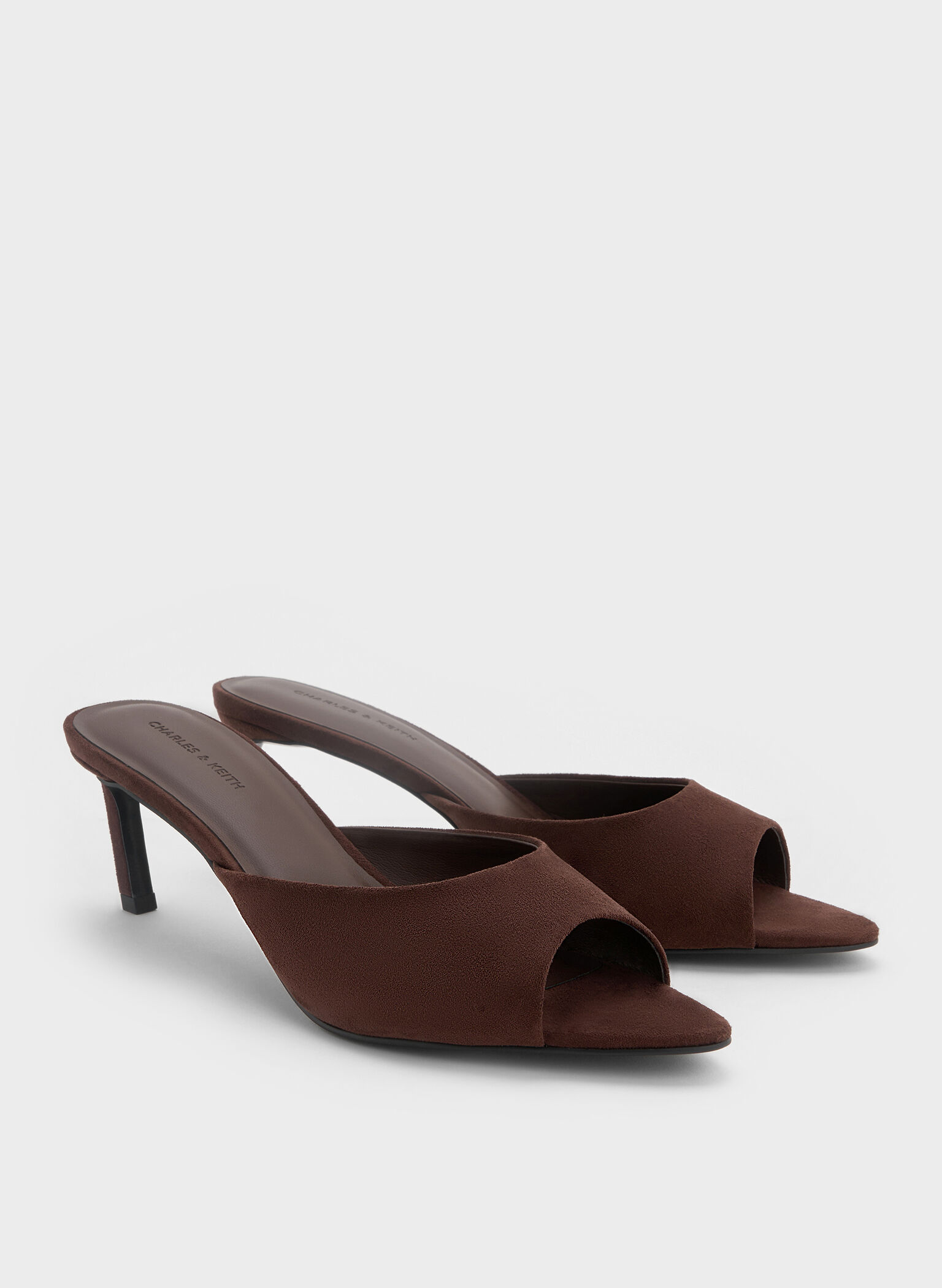 Faux Suede Pointed Peep-Toe Heeled Mules, Dark Brown, hi-res