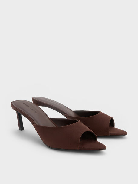 Faux Suede Pointed Peep-Toe Heeled Mules, Dark Brown, hi-res