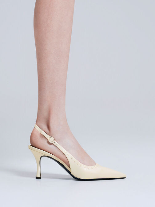 Studded Pointed-Toe Slingback Pumps, Chalk, hi-res