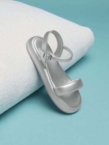 Girls' Metallic Puffy Ankle-Strap Sandals, Silver, hi-res