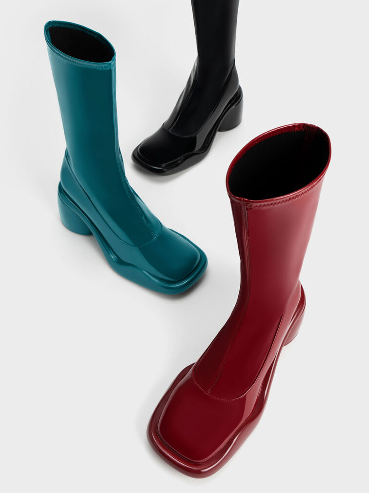 Turquoise Lula Patent Chunky Heel Calf Boots - CHARLES & KEITH US