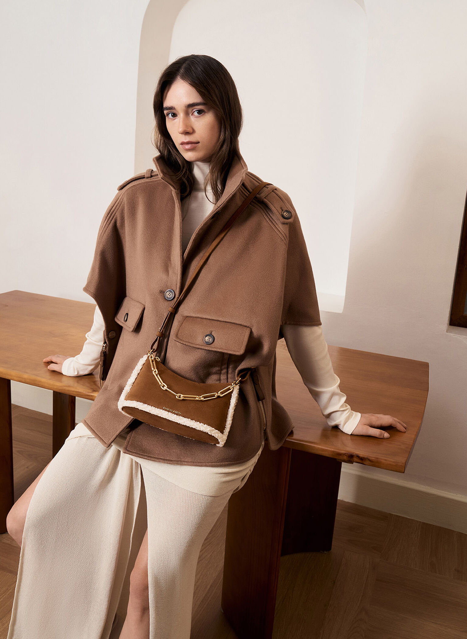 Robyn Faux Suede Fur-Trim Elongated Chain-Handle Bag, Brown, hi-res