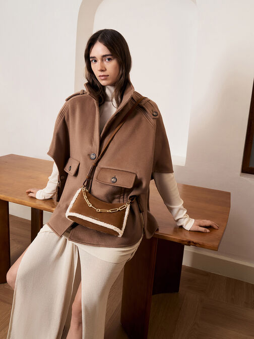 Robyn Faux Suede Fur-Trim Elongated Chain-Handle Bag, Brown, hi-res