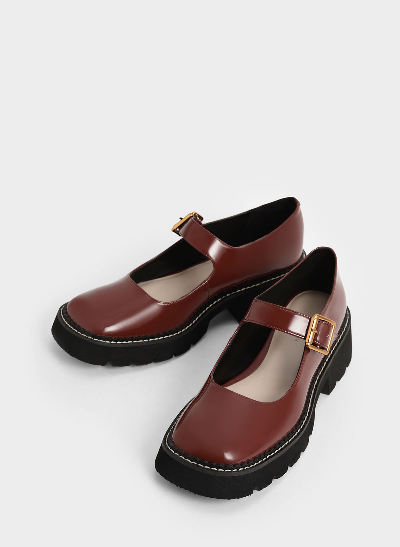 Metallic Buckle Patent Mary Janes, Cognac, hi-res