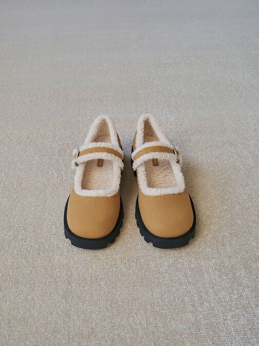 Textured Fur-Trim Buckled Mary Janes, Khaki, hi-res