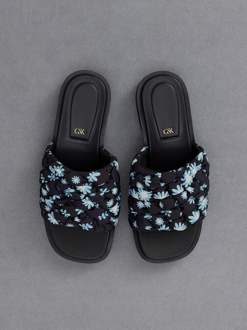 Nylon Puffy Floral-Print Sandals, Multi, hi-res