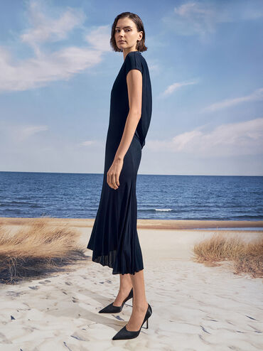Satin Pointed-Toe D'Orsay Pumps, Black Textured, hi-res