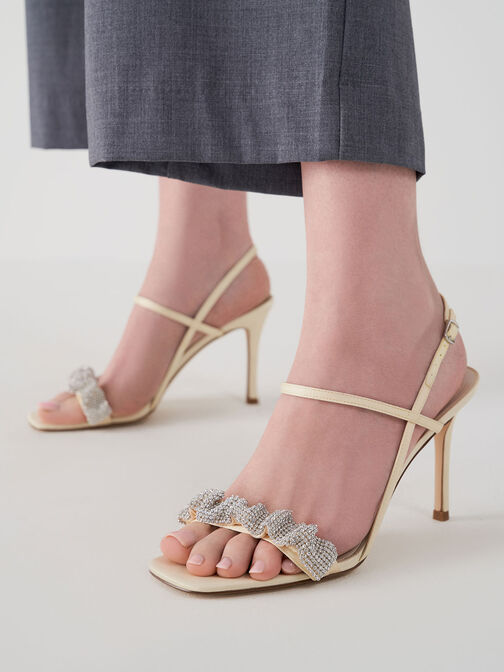 Gem-Embellished Satin Stiletto Sandals, Yellow, hi-res