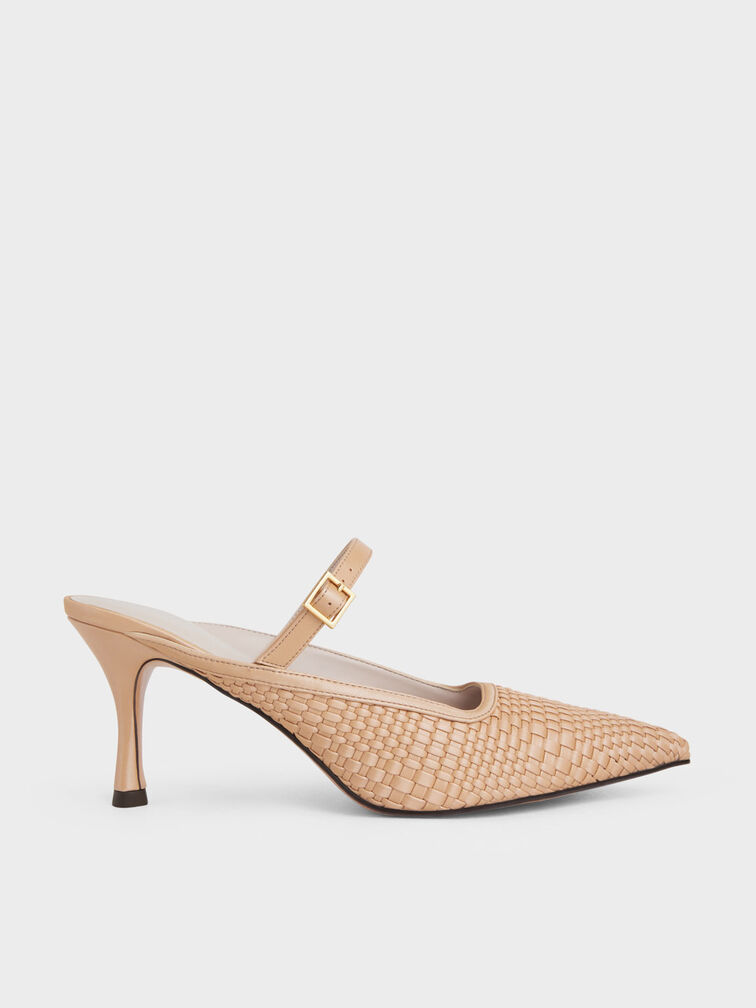 Woven Heeled Mules, Camel, hi-res