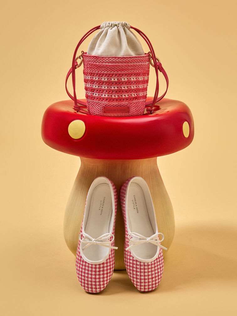 Girls' Gingham Bow Ballet Flats, Red, hi-res