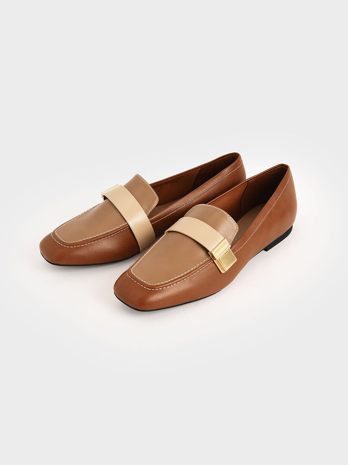 Metallic Buckle Penny Loafers, Cognac, hi-res