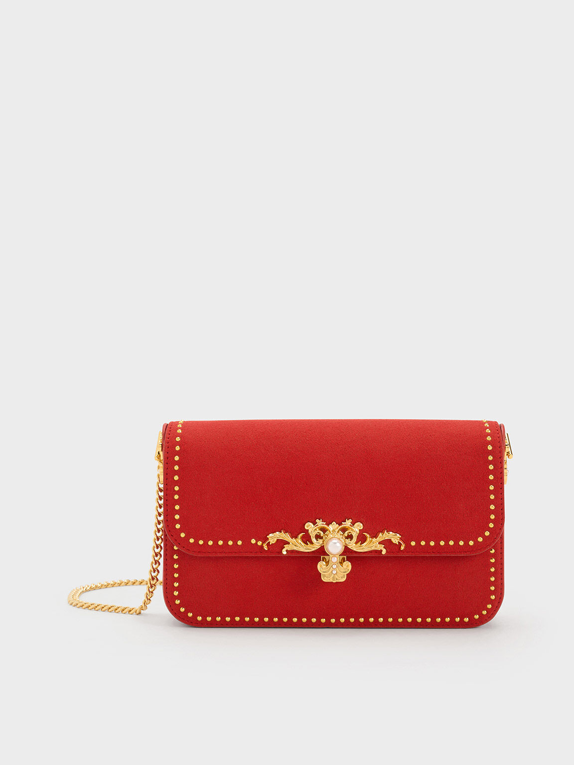 Merial Metallic Accent Studded Clutch, Red, hi-res