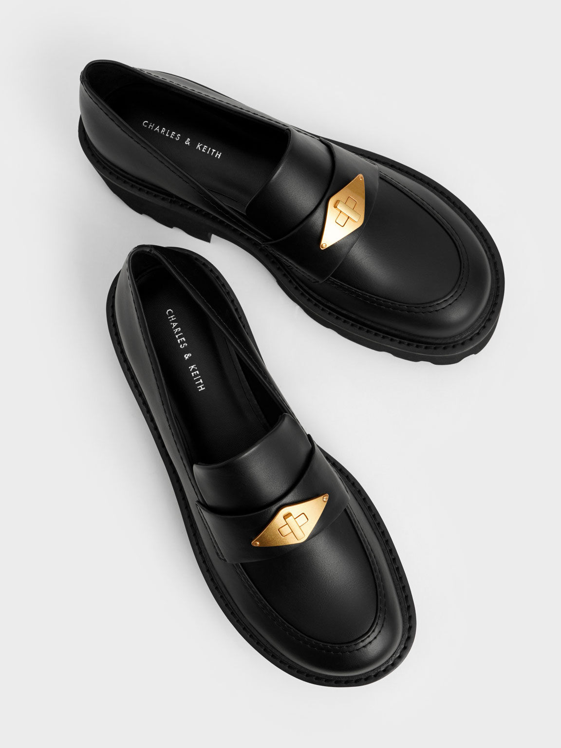 Metallic Accent Chunky Platform Penny Loafers, Black, hi-res