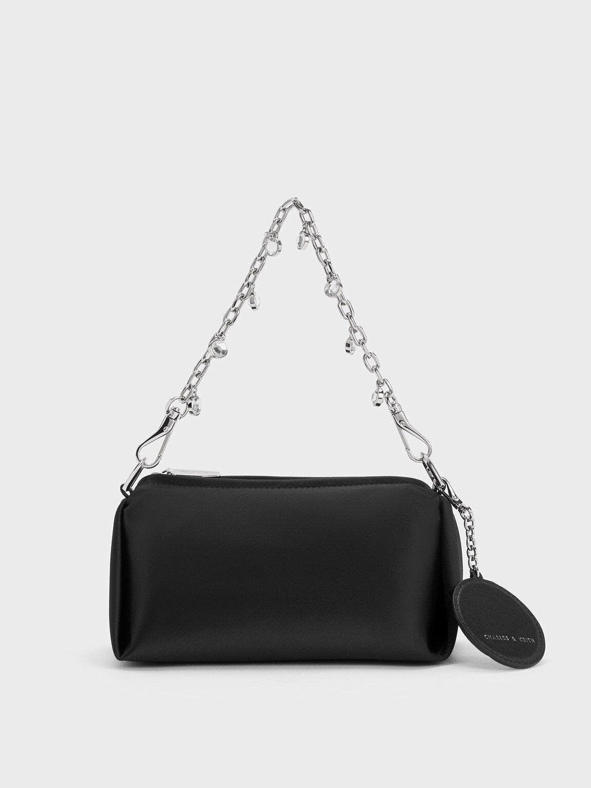 Embellished Chain Handle Satin Crossbody Bag, Black, hi-res