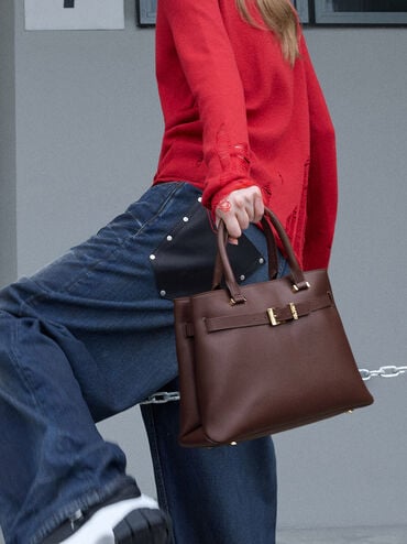 Voyager Leather Belted Trapeze Tote Bag, Dark Brown, hi-res