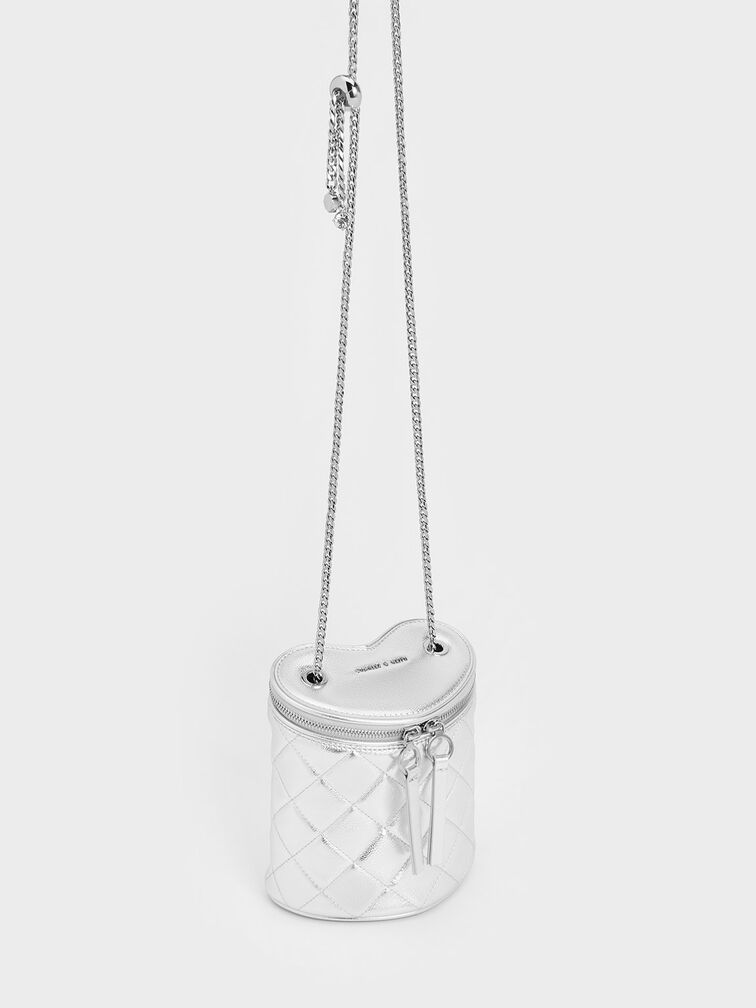 Silver Philomena Metallic Quilted Heart Cylindrical Bag | CHARLES & KEITH