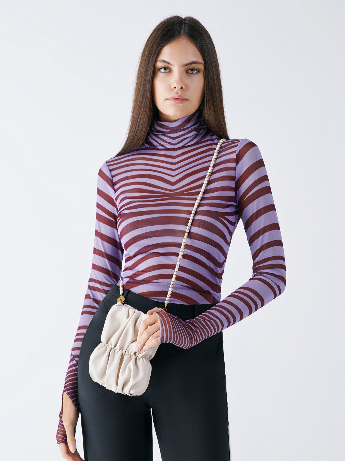 Ruched Bead-Handle Crossbody Bag, Chalk, hi-res