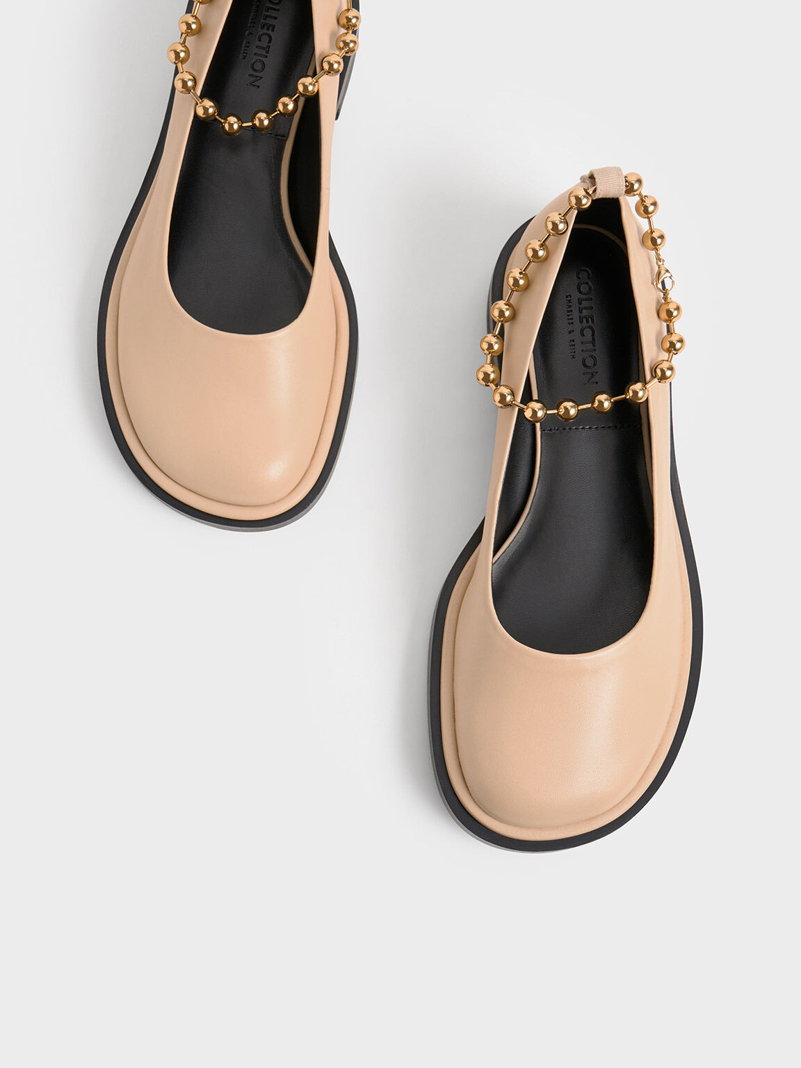 Beaded Ankle-Strap Leather Ballerinas, Sand, hi-res