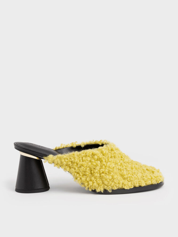 Medina Furry Cylindrical Heel Mules, Yellow, hi-res