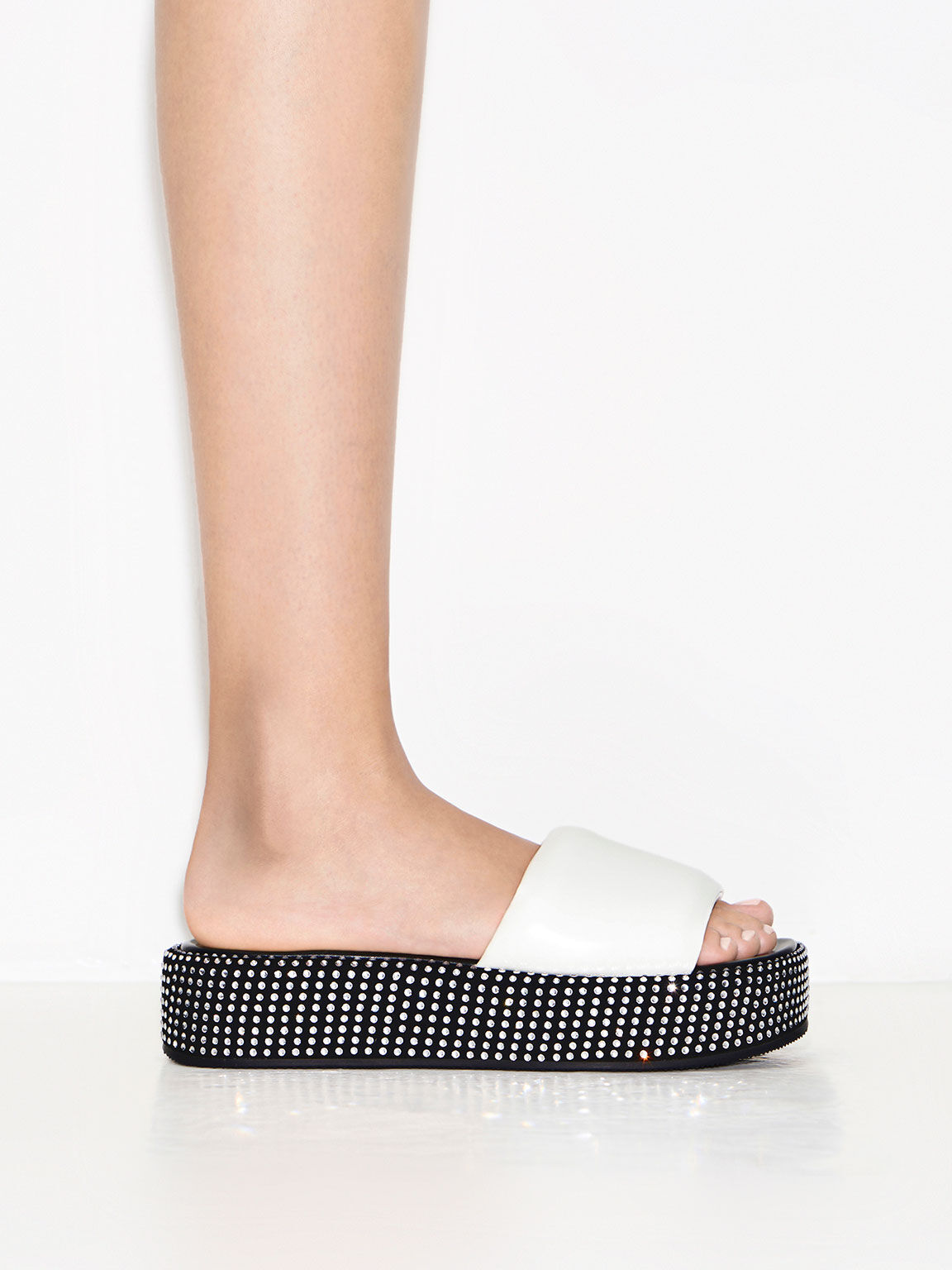 Crystal Embellished Flatform Sandals White