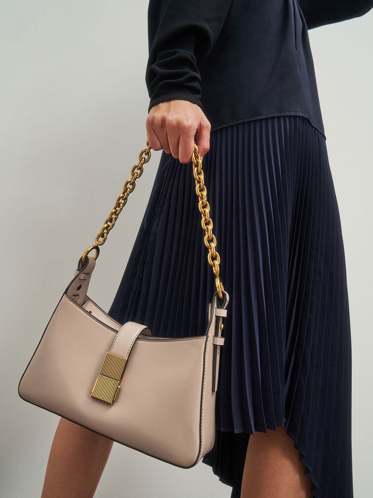 Chain Handle Shoulder Bag, Sand, hi-res