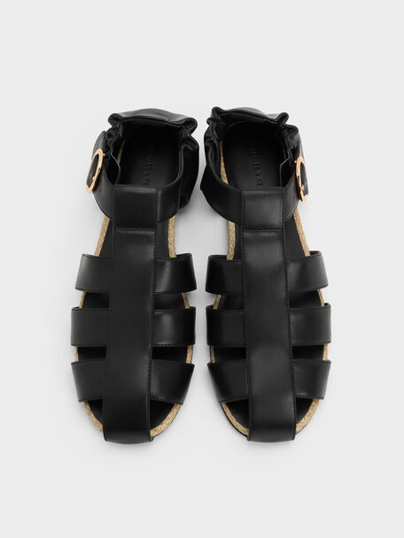 Caged Flat Espadrilles, Black, hi-res