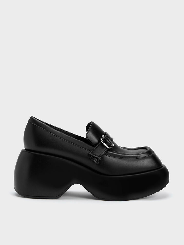 Buckled Platform Penny Loafers, Black, hi-res