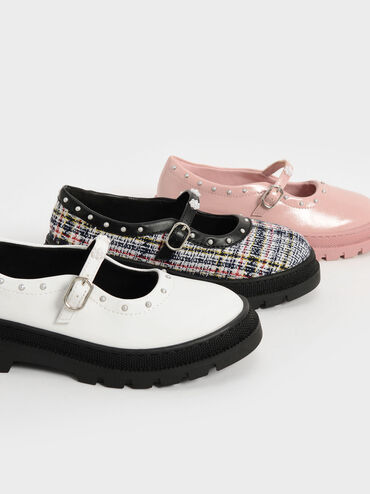 Girls' Tweed Beaded Chunky Mary Janes, Dark Blue, hi-res