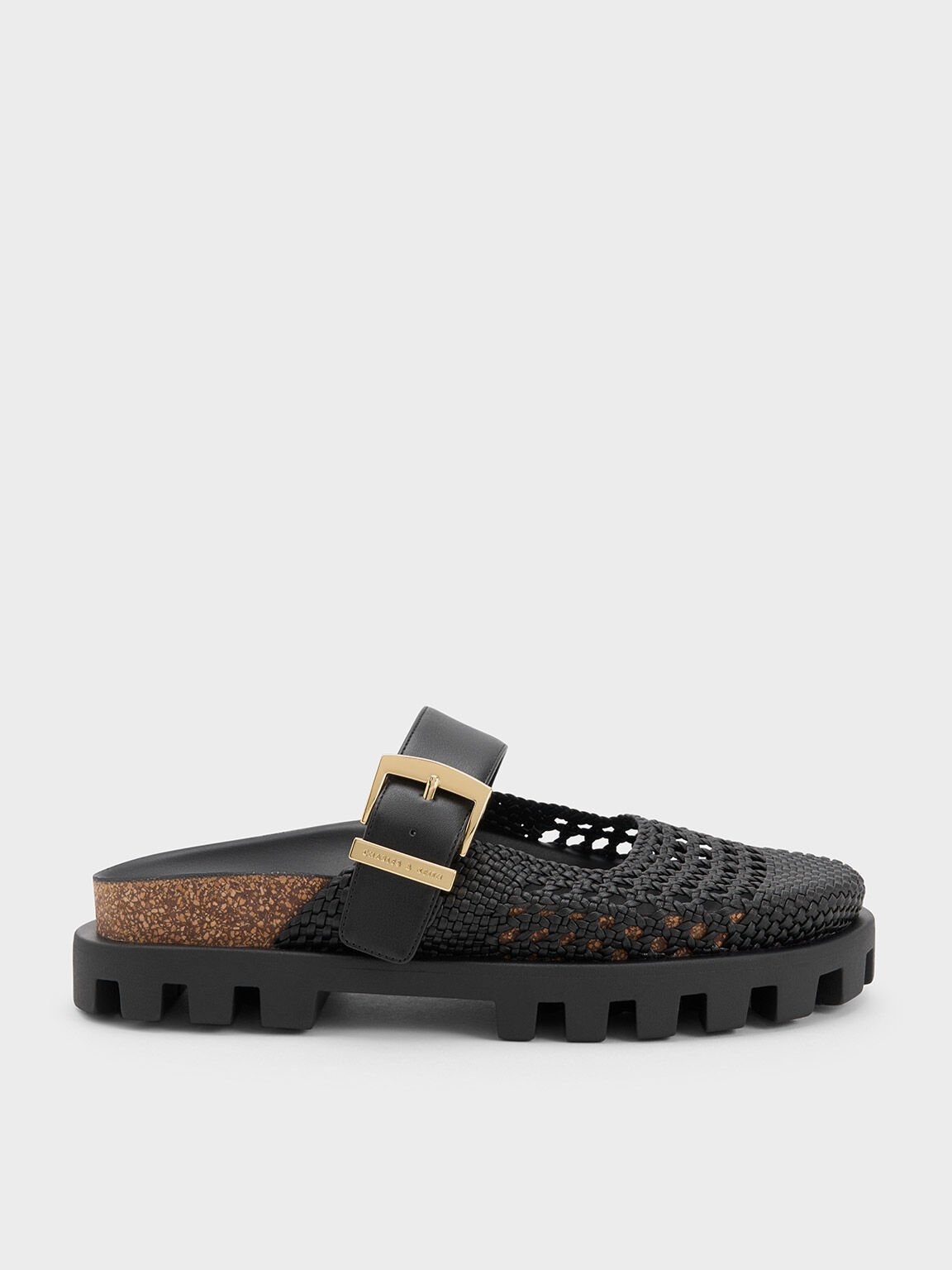 Woven Buckled Flat Mules, Black, hi-res