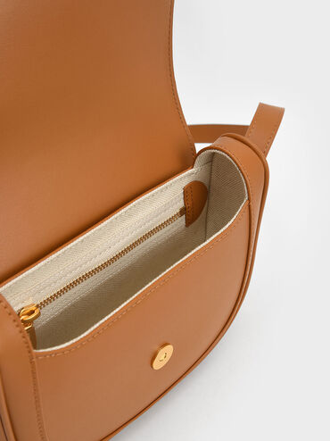 Aurea Metallic-Accent Saddle Crossbody Bag, Cognac, hi-res