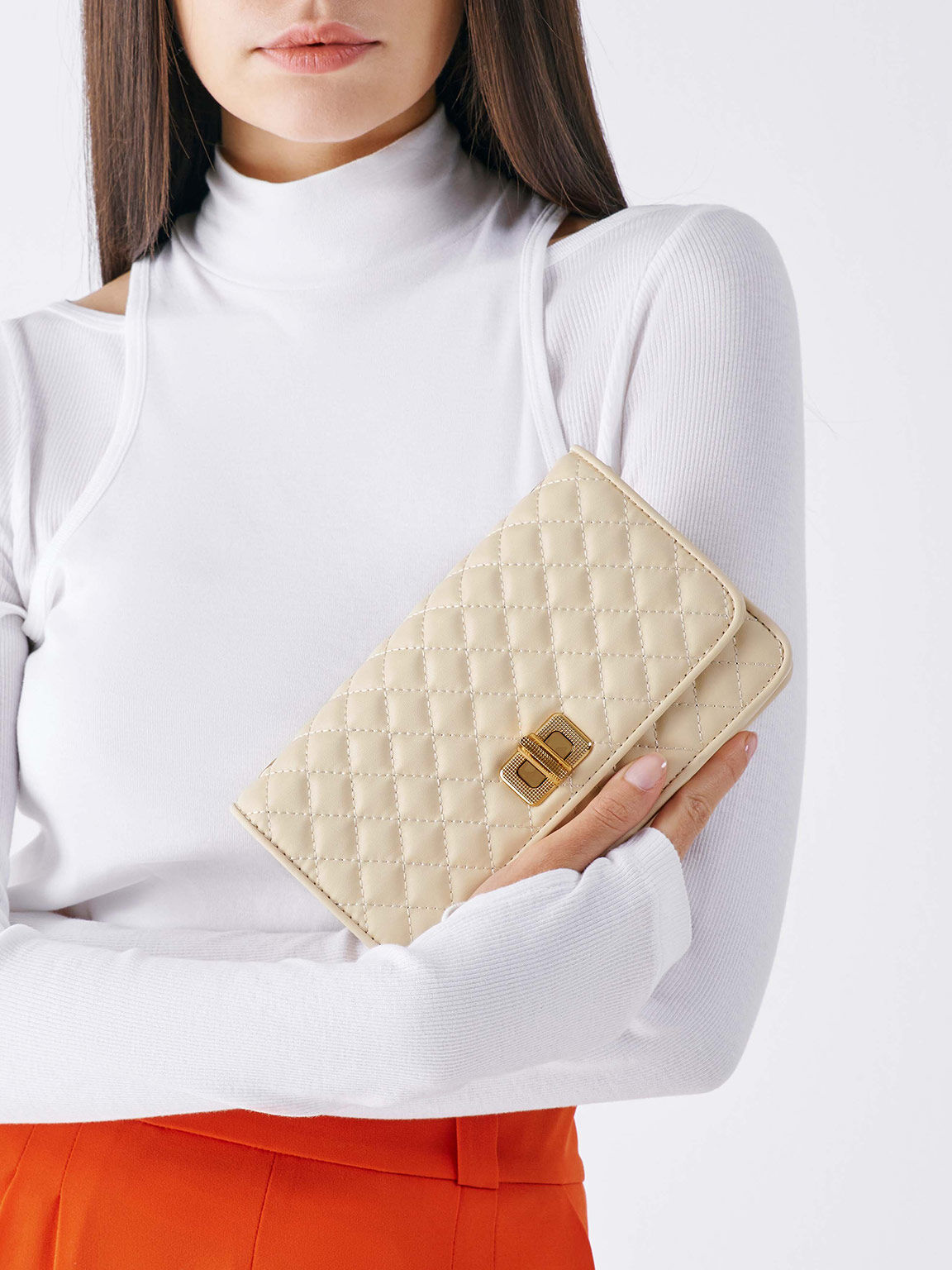 Quilted Turn-Lock Evening Clutch, Beige, hi-res