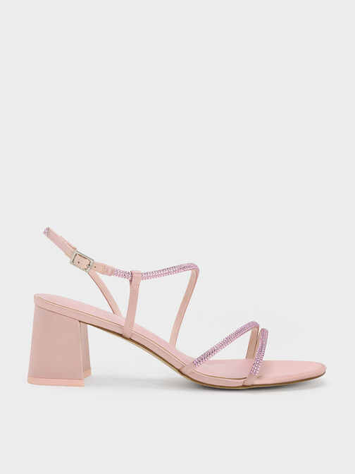 Satin Crystal-Embellished Strappy Sandals, Light Pink, hi-res