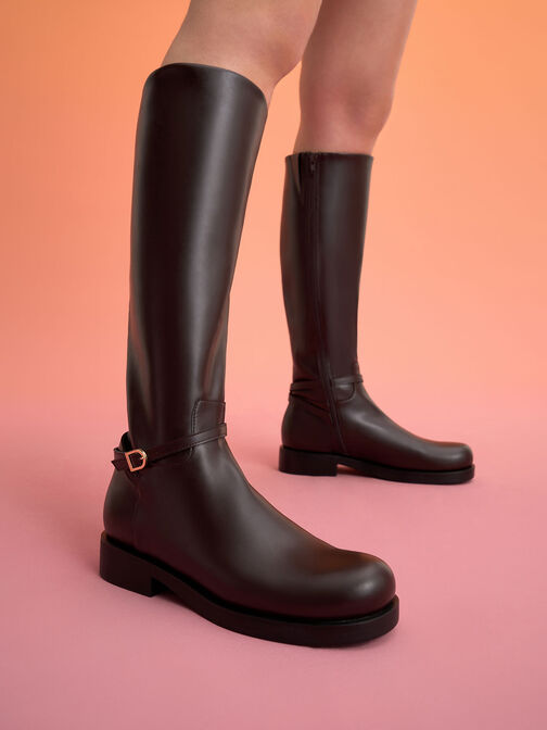 Belted Knee-High Boots, Dark Brown, hi-res