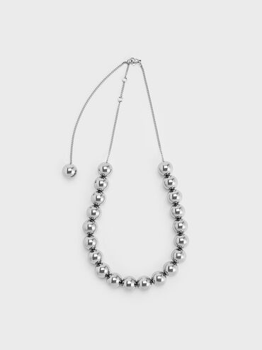 Metallic Beaded Necklace, Silver, hi-res